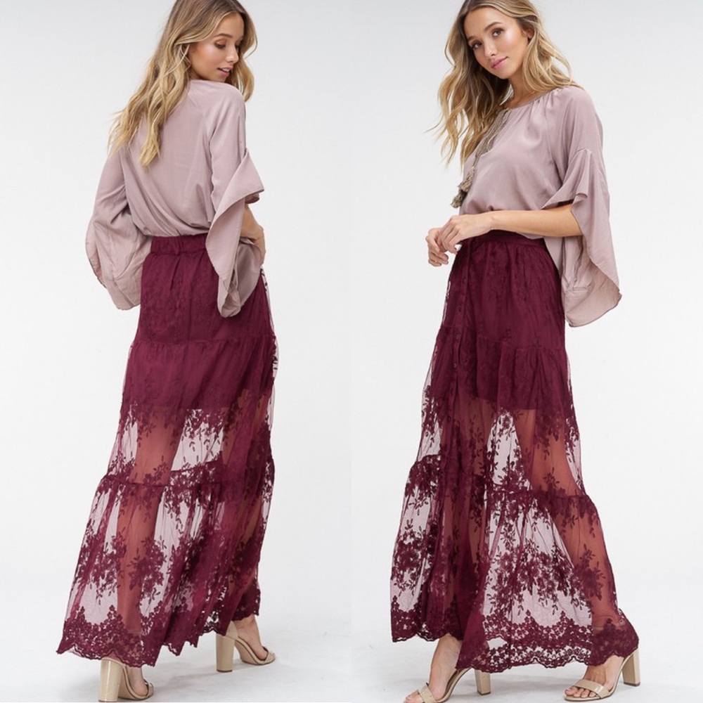 Wine Lace Maxi Skirt